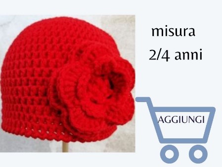 cappellino bambina invernale rosso realizzato all'uncinetto con fiore