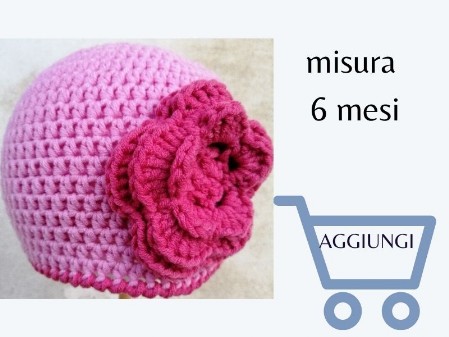 cappellino bambina invernale in lana anallergica misura 6 mesi  colore rosa con fiore