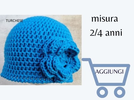 cappellino bambina invernale turchese realizzato a mano con fiore
